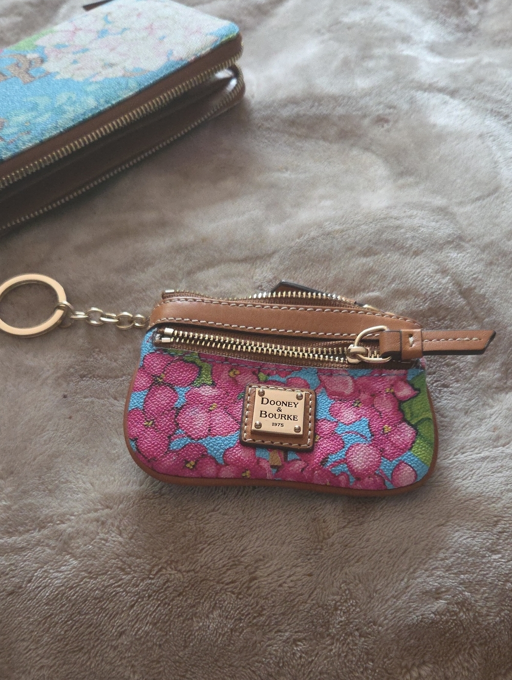 Dooney & Bourke Pink Floral Key & Card Pouch with Tan Trim And Key Ring